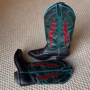 Code West Black and Teal Real Leather Vintage Cowboy Boots with Red Details